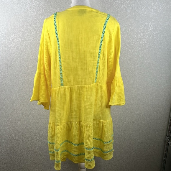 Scoop Yellow & Green Embroidered Slub Cotton Summer Vacation Boho Dress Small - Picture 5 of 7